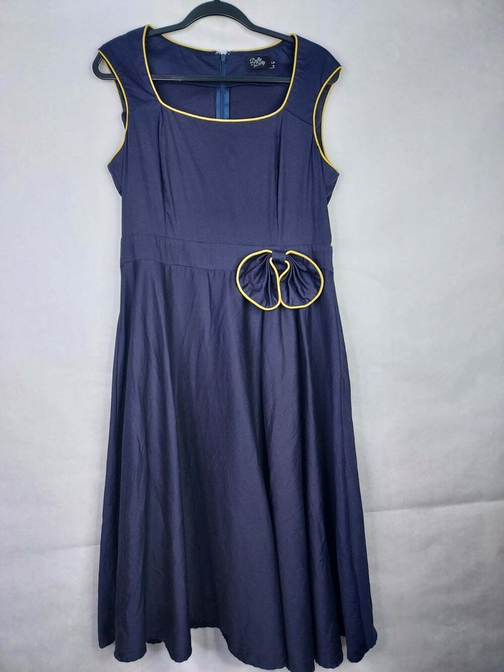 Dolly & Dotty Fit & Flare Midi Dress 12 Navy Gold Retro Pin Up 50's Rockabilly